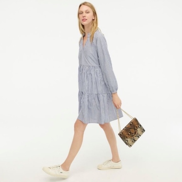 J Crew Tiered Popover Mini Dress Stripe Cotton Poplin Blue White Stripe Tiered M - Picture 3 of 13